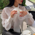 White Lantern Sleeve See Through Bowtie Thin Tulle Women Blouses 2019